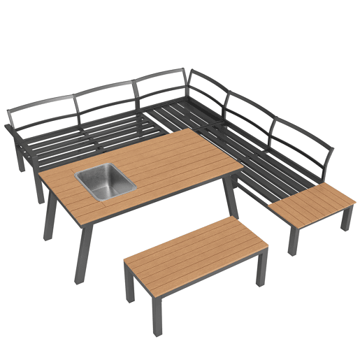 Conjunto de lounge de jardim para 6-7 pessoas - Móveis modernos, estrutura de ferro, mesa com cuba de gelo - Cinza