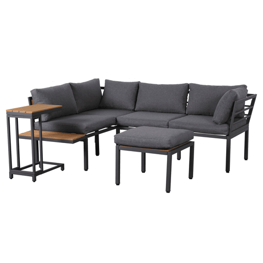 Conjunto de móveis de jardim - Sofá + mesa auxiliar + mesa de centro (pode ser usada como apoio para os pés) - Estrutura em aço galvanizado, superfície em madeira plástica - Cinza + Preto
