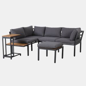 Conjunto de móveis de jardim - Sofá + mesa auxiliar + mesa de centro (pode ser usada como apoio para os pés) - Estrutura em aço galvanizado, superfície em madeira plástica - Cinza + Preto