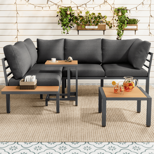 Conjunto de móveis de jardim - Sofá + mesa auxiliar + mesa de centro (pode ser usada como apoio para os pés) - Estrutura em aço galvanizado, superfície em madeira plástica - Cinza + Preto