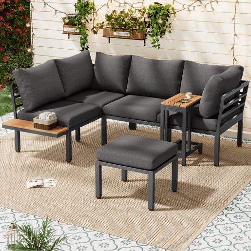 Conjunto de móveis de jardim - Sofá + mesa auxiliar + mesa de centro (pode ser usada como apoio para os pés) - Estrutura em aço galvanizado, superfície em madeira plástica - Cinza + Preto