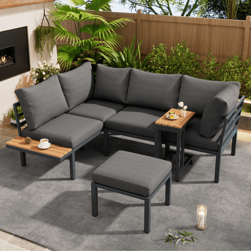 Conjunto de móveis de jardim - Sofá + mesa auxiliar + mesa de centro (pode ser usada como apoio para os pés) - Estrutura em aço galvanizado, superfície em madeira plástica - Cinza + Preto