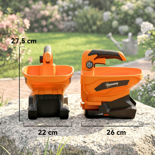 Outsunny Distribuidor Portátil 3,3 L 8 Níveis de Fluxo Largura de Projeção Ajustável em 3 Níveis Porta USB Distribuidor de Sementes para Relva Sal Cascalho até 800 m² Laranja