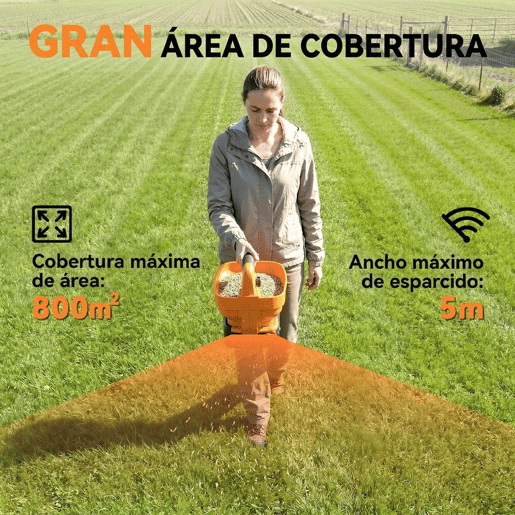 Outsunny Distribuidor Portátil 3,3 L 8 Níveis de Fluxo Largura de Projeção Ajustável em 3 Níveis Porta USB Distribuidor de Sementes para Relva Sal Cascalho até 800 m² Laranja