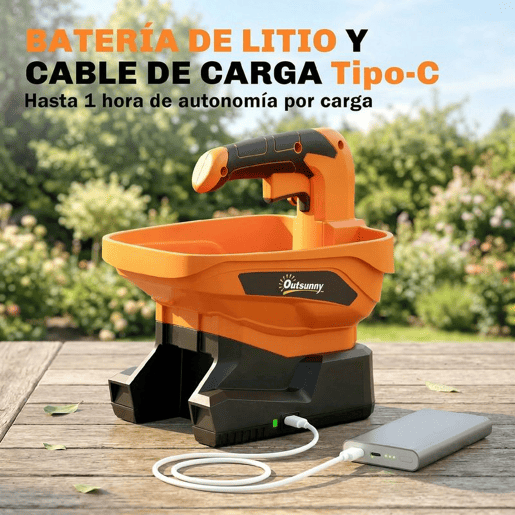 Outsunny Distribuidor Portátil 3,3 L 8 Níveis de Fluxo Largura de Projeção Ajustável em 3 Níveis Porta USB Distribuidor de Sementes para Relva Sal Cascalho até 800 m² Laranja