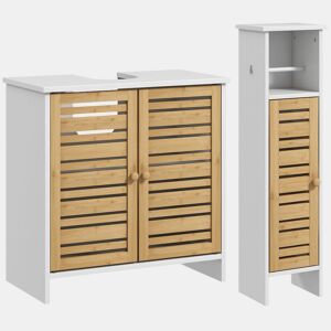 HOMCOM Conjunto de Móveis para Casa de Banho Inclui 1 Móvel para Lavatório Pousar 1 Coluna Casa de Banho com Portas de Bambu Suporte para Papel Higiénico e Prateleiras Ajustáveis Branco e Madeira