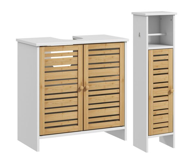 Homcom conjunto de baño incluye 1 mueble bajo lavabo 1 columna de baño estrecha con puertas de bambú portarrollos de papel y estantes ajustables blanco y natural