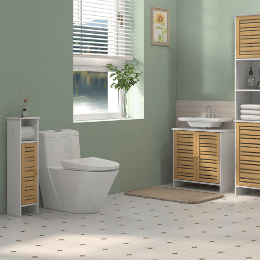 HOMCOM Conjunto de Móveis para Casa de Banho Inclui 1 Móvel para Lavatório Pousar 1 Coluna Casa de Banho com Portas de Bambu Suporte para Papel Higiénico e Prateleiras Ajustáveis Branco e Madeira