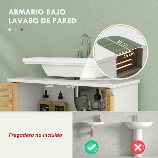 HOMCOM Conjunto de Móveis para Casa de Banho Inclui 1 Móvel para Lavatório Pousar 1 Coluna Casa de Banho com Portas de Bambu Suporte para Papel Higiénico e Prateleiras Ajustáveis Branco e Madeira