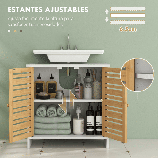 HOMCOM Conjunto de Móveis para Casa de Banho Inclui 1 Móvel para Lavatório Pousar 1 Coluna Casa de Banho com Portas de Bambu Suporte para Papel Higiénico e Prateleiras Ajustáveis Branco e Madeira
