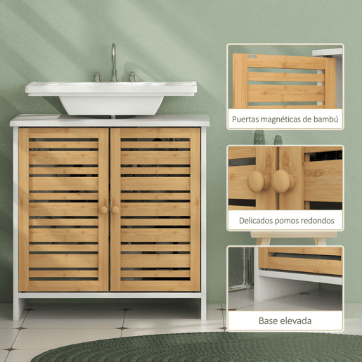 HOMCOM Conjunto de Móveis para Casa de Banho Inclui 1 Móvel para Lavatório Pousar 1 Coluna Casa de Banho com Portas de Bambu Suporte para Papel Higiénico e Prateleiras Ajustáveis Branco e Madeira