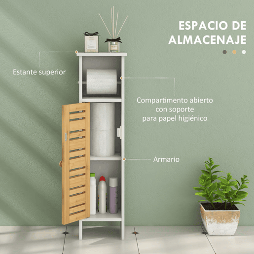 HOMCOM Conjunto de Móveis para Casa de Banho Inclui 1 Móvel para Lavatório Pousar 1 Coluna Casa de Banho com Portas de Bambu Suporte para Papel Higiénico e Prateleiras Ajustáveis Branco e Madeira