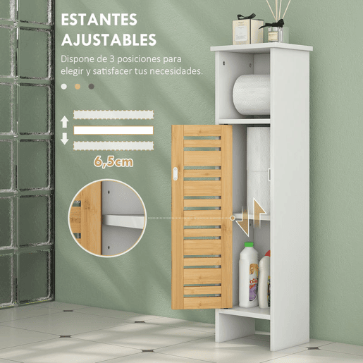 HOMCOM Conjunto de Móveis para Casa de Banho Inclui 1 Móvel para Lavatório Pousar 1 Coluna Casa de Banho com Portas de Bambu Suporte para Papel Higiénico e Prateleiras Ajustáveis Branco e Madeira