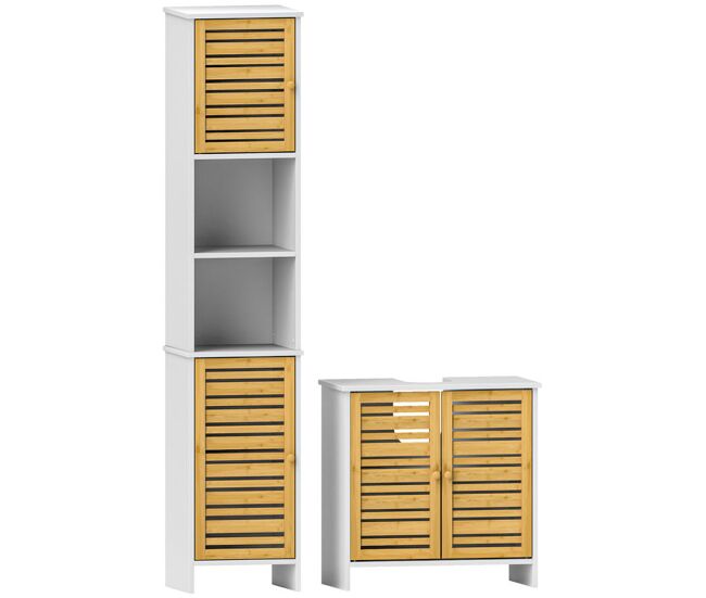 Homcom conjunto de baño incluye 1 mueble bajo lavabo 1 columna de baño estrecha con puertas de bambú y estantes ajustables blanco y natural