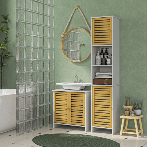 HOMCOM Conjunto de Móveis para Casa de Banho Inclui 1 Móvel para Lavatório Pousar 1 Coluna para Casa de Banho Estreita com Portas de Bambu e Prateleiras Ajustáveis Branco e Madeira