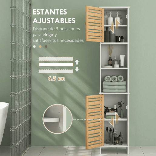 HOMCOM Conjunto de Móveis para Casa de Banho Inclui 1 Móvel para Lavatório Pousar 1 Coluna para Casa de Banho Estreita com Portas de Bambu e Prateleiras Ajustáveis Branco e Madeira