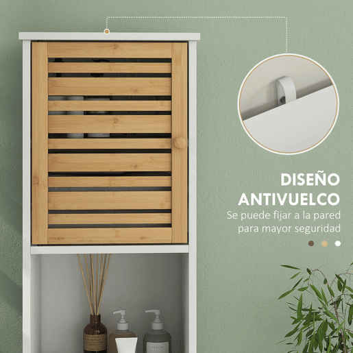 HOMCOM Conjunto de Móveis para Casa de Banho Inclui 1 Móvel para Lavatório Pousar 1 Coluna para Casa de Banho Estreita com Portas de Bambu e Prateleiras Ajustáveis Branco e Madeira