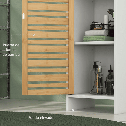 HOMCOM Conjunto de Móveis para Casa de Banho Inclui 1 Móvel para Lavatório Pousar 1 Coluna para Casa de Banho Estreita com Portas de Bambu e Prateleiras Ajustáveis Branco e Madeira