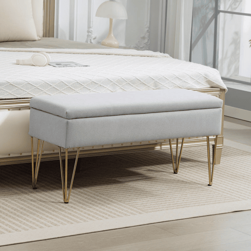 HOMCOM Banco para o Pé da Cama, Banco Estofado em Tecido Sintético com Pernas de Aço e Assento Acolchoado Estilo Moderno Banco para Quarto Entrada Cinzento Claro