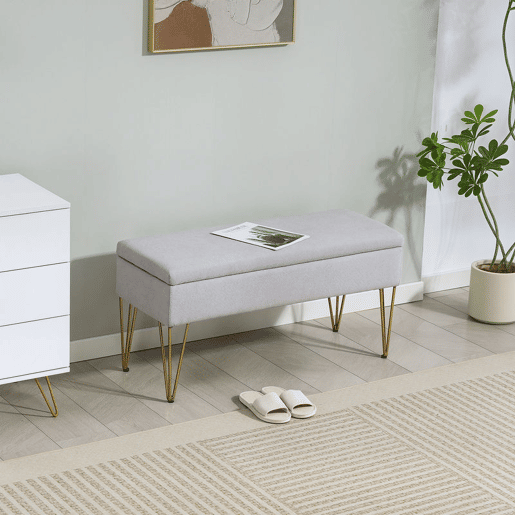 HOMCOM Banco para o Pé da Cama, Banco Estofado em Tecido Sintético com Pernas de Aço e Assento Acolchoado Estilo Moderno Banco para Quarto Entrada Cinzento Claro