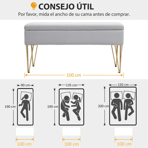 HOMCOM Banco para o Pé da Cama, Banco Estofado em Tecido Sintético com Pernas de Aço e Assento Acolchoado Estilo Moderno Banco para Quarto Entrada Cinzento Claro