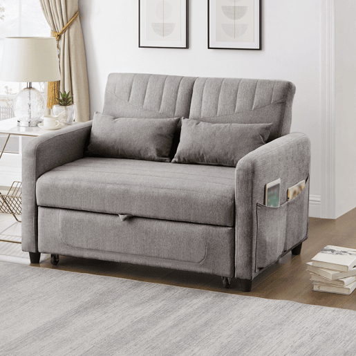 Sofá-cama de 2 lugares - design dobrável, moderno, encosto com 3 posições, algodão-linho - Cinza