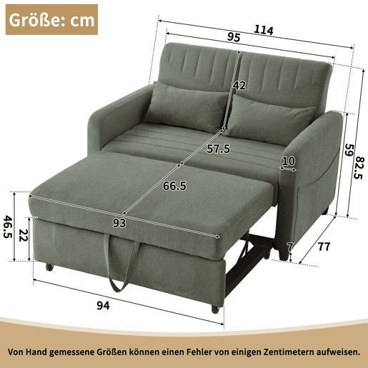 Sofá-cama de 2 lugares - design dobrável, moderno, encosto ajustável, tecido de algodão e linho - Verde militar