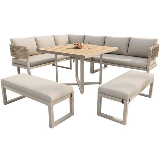 Conjunto de mobiliário de jardim - 8-10 pessoas - sofá de jardim com grande mesa de jantar em madeira plástica, corda, pés ajustáveis, almofadas incluídas - bege
