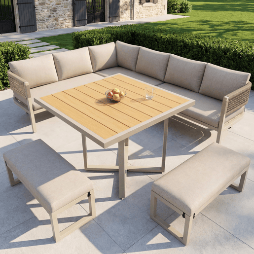 Conjunto de mobiliário de jardim - 8-10 pessoas - sofá de jardim com grande mesa de jantar em madeira plástica, corda, pés ajustáveis, almofadas incluídas - bege