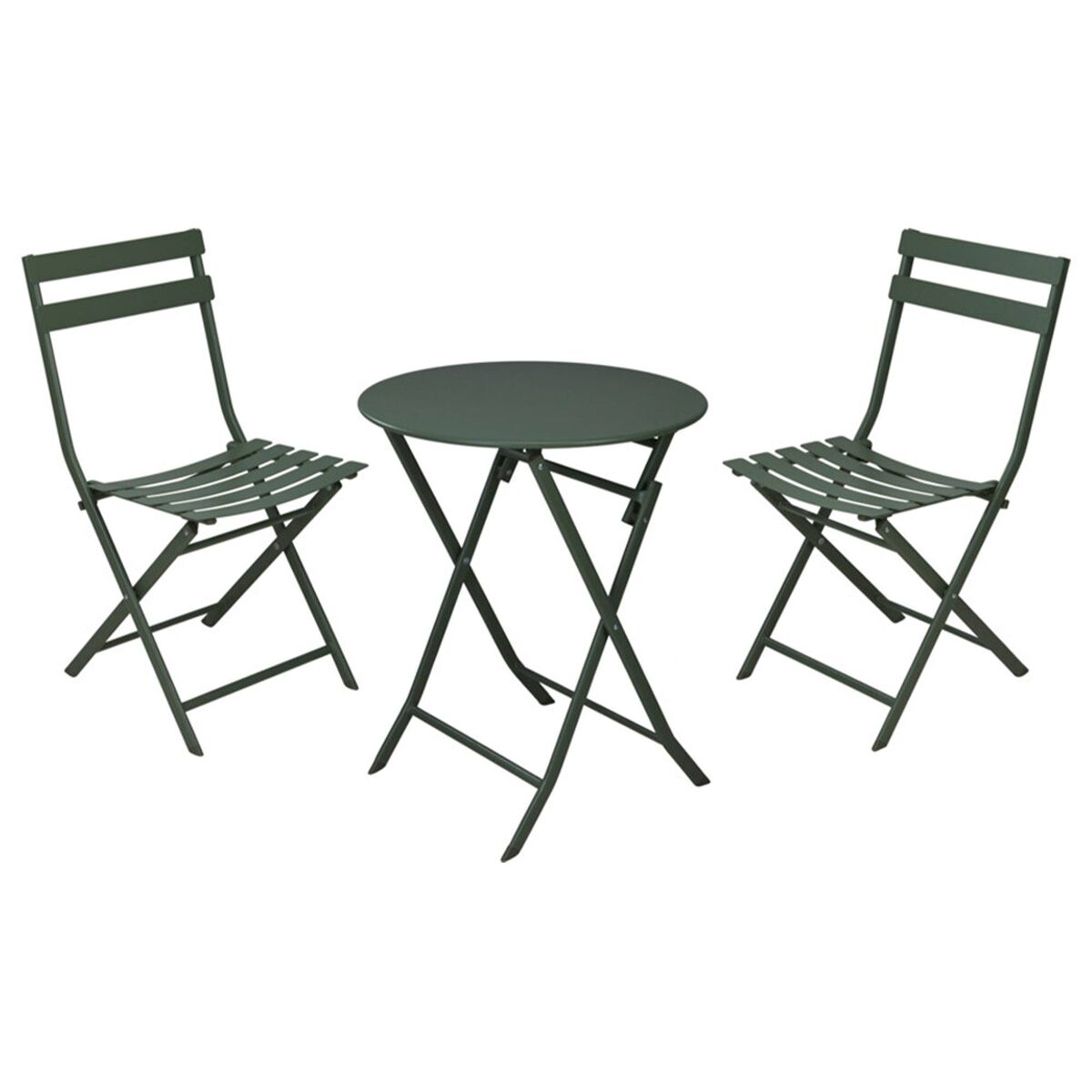 Well home set bistro plegable de 3 piezas (mesa ø60cm + 2 sillas) en acero y verde mate, compacto para balcón