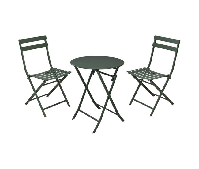 Well home set bistro plegable de 3 piezas (mesa ø60cm + 2 sillas) en acero y verde mate, compacto para balcón