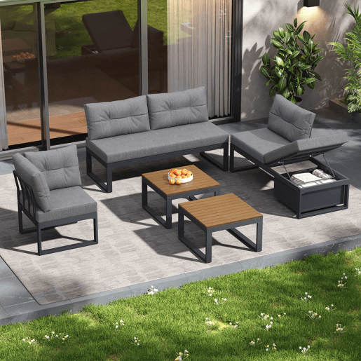 Conjunto de móveis de jardim - 3 posições reclináveis, almofadas grossas, arrumação, capa resistente às intempéries - Cinza escuro