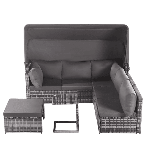 Conjunto de lounge de jardim - Mobiliário exterior - Com sofá com toldo, pufes, poltronas e mesa - Cinza