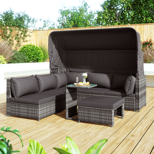 Conjunto de lounge de jardim - Mobiliário exterior - Com sofá com toldo, pufes, poltronas e mesa - Cinza
