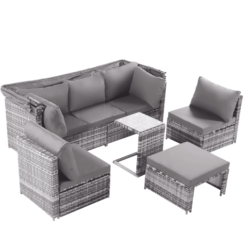 Conjunto de lounge de jardim - Mobiliário exterior - Com sofá com toldo, pufes, poltronas e mesa - Cinza