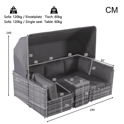 Conjunto de lounge de jardim - Mobiliário exterior - Com sofá com toldo, pufes, poltronas e mesa - Cinza