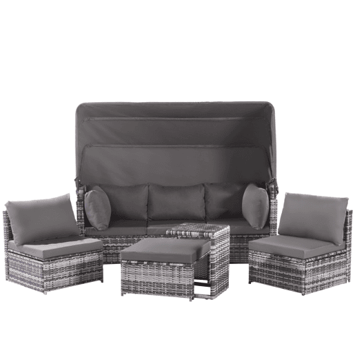 Conjunto de lounge de jardim - Mobiliário exterior - Com sofá com toldo, pufes, poltronas e mesa - Cinza