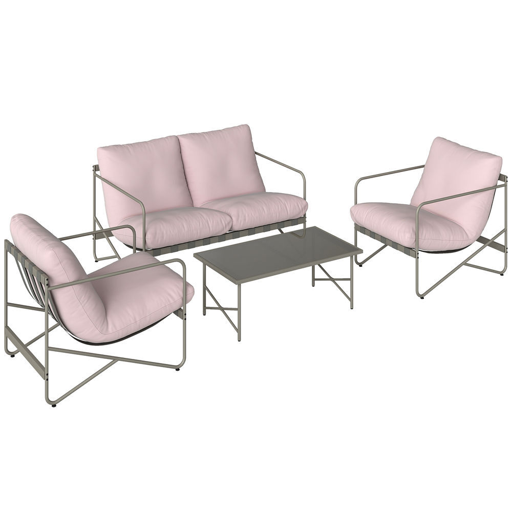 Outsunny conjunto de jardín exterior de 4 piezas, muebles jardín exterior con sofá de 2 plazas, 2 sillones, mesa de vidrio templado, cojines gruesos, para terraza, rosa