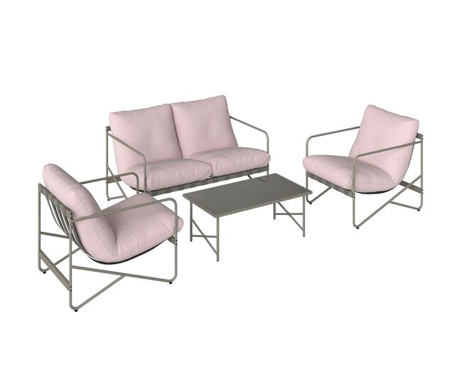 Outsunny conjunto de jardín exterior de 4 piezas, muebles jardín exterior con sofá de 2 plazas, 2 sillones, mesa de vidrio templado, cojines gruesos, para terraza, rosa