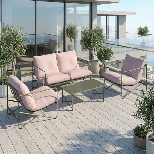 Outsunny Conjunto de Jardim de 4 Peças Móveis de Jardim com Sofá de 2 Lugares 2 Poltronas Mesa de Vidro Temperado e Almofadas Grossas para Terraço Rosa