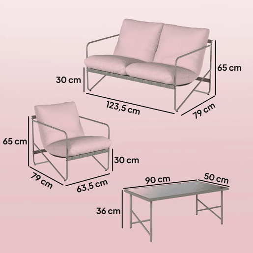 Outsunny Conjunto de Jardim de 4 Peças Móveis de Jardim com Sofá de 2 Lugares 2 Poltronas Mesa de Vidro Temperado e Almofadas Grossas para Terraço Rosa
