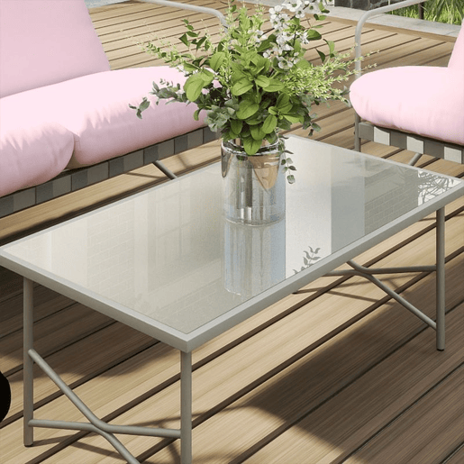 Outsunny Conjunto de Jardim de 4 Peças Móveis de Jardim com Sofá de 2 Lugares 2 Poltronas Mesa de Vidro Temperado e Almofadas Grossas para Terraço Rosa