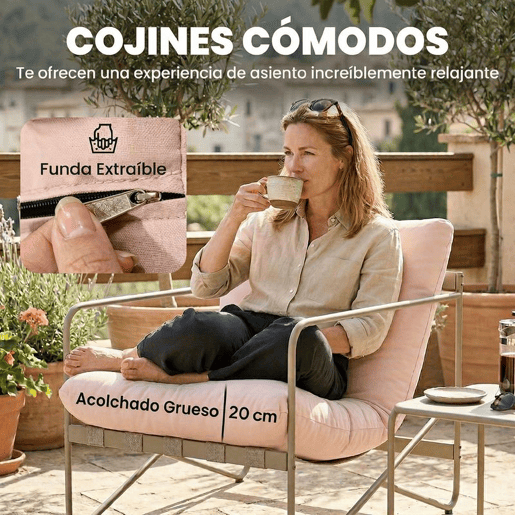 Outsunny Conjunto de Jardim de 4 Peças Móveis de Jardim com Sofá de 2 Lugares 2 Poltronas Mesa de Vidro Temperado e Almofadas Grossas para Terraço Rosa