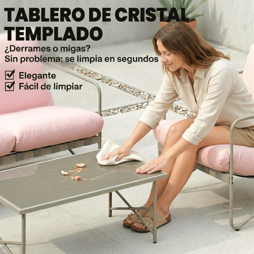 Outsunny Conjunto de Jardim de 4 Peças Móveis de Jardim com Sofá de 2 Lugares 2 Poltronas Mesa de Vidro Temperado e Almofadas Grossas para Terraço Rosa