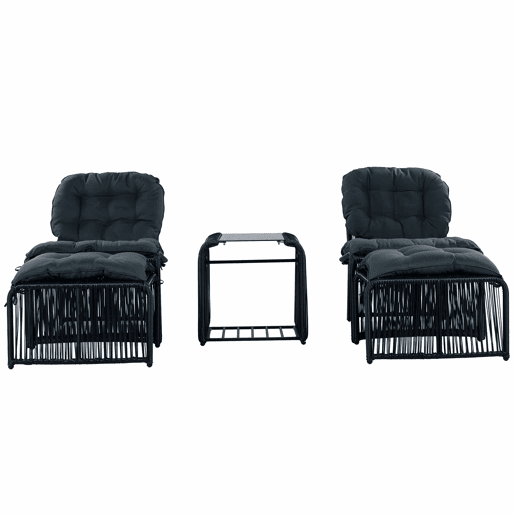 Conjunto de móveis de jardim de 5 peças - estrutura de ferro e rattan PE, com mesa, 2 cadeiras, 2 bancos, almofadas e tampo de vidro, resistente às intempéries - Preto e Cinza