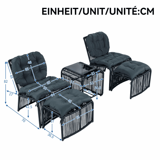 Conjunto de móveis de jardim de 5 peças - estrutura de ferro e rattan PE, com mesa, 2 cadeiras, 2 bancos, almofadas e tampo de vidro, resistente às intempéries - Preto e Cinza