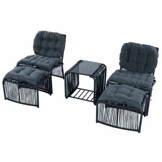 Conjunto de móveis de jardim de 5 peças - estrutura de ferro e rattan PE, com mesa, 2 cadeiras, 2 bancos, almofadas e tampo de vidro, resistente às intempéries - Preto e Cinza