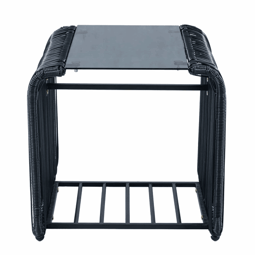Conjunto de móveis de jardim de 5 peças - estrutura de ferro e rattan PE, com mesa, 2 cadeiras, 2 bancos, almofadas e tampo de vidro, resistente às intempéries - Preto e Cinza