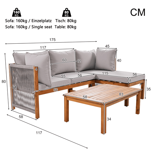 Conjunto de cadeiras de jardim (3 peças) - Estrutura em acácia, braços em corda cinzenta, móveis de jardim em forma de L com pés ajustáveis - Cinza