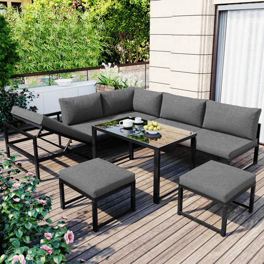 Conjunto de cadeiras de jardim de 4 peças - Alumínio, com função reclinável e encosto ajustável em 4 posições - Preto + Cinza